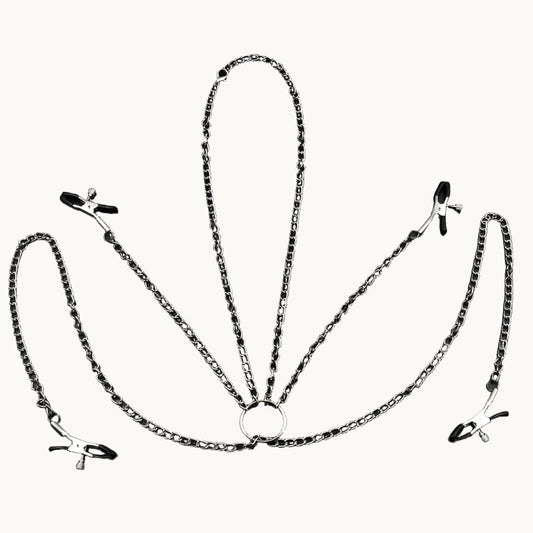 Extreme Punishment Nipple Clamps w/ Clit Clamps and Chain Collar