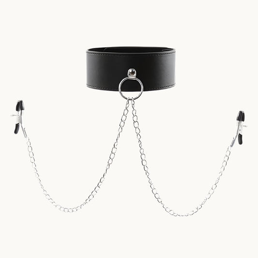 Adjustable Pinch Nipple Clamps w/ Leather Collar and Lock
