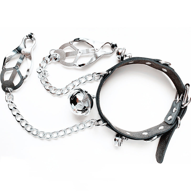 Clover Nipple Clamps w/ Leather Collar and Bells