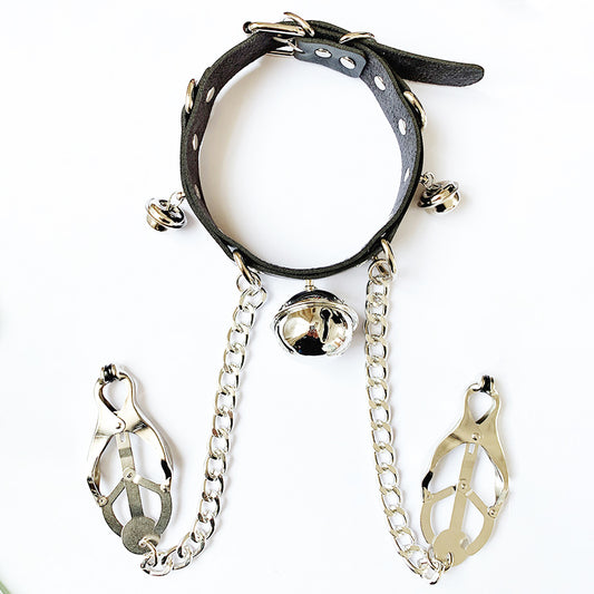 Clover Nipple Clamps w/ Leather Collar and Bells
