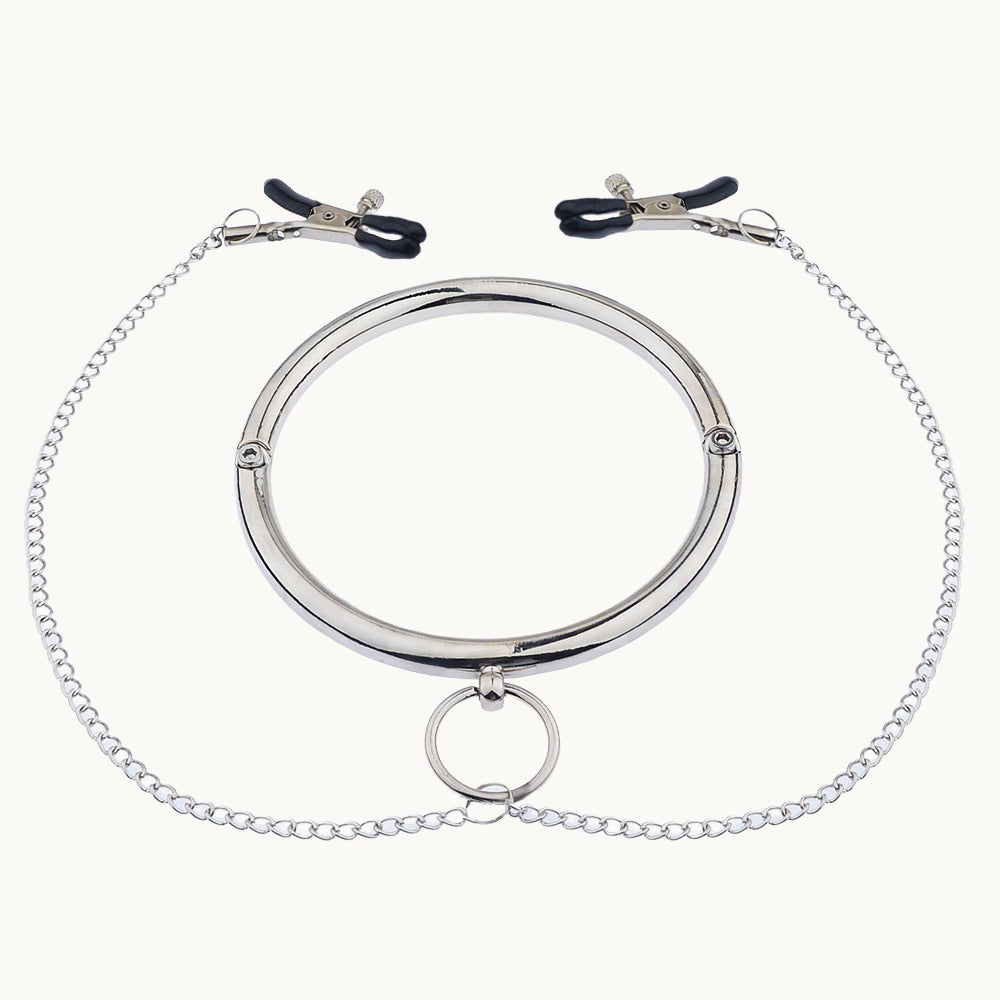 Adjustable Pinch Nipple Clamps w/ Metal BDSM Collar